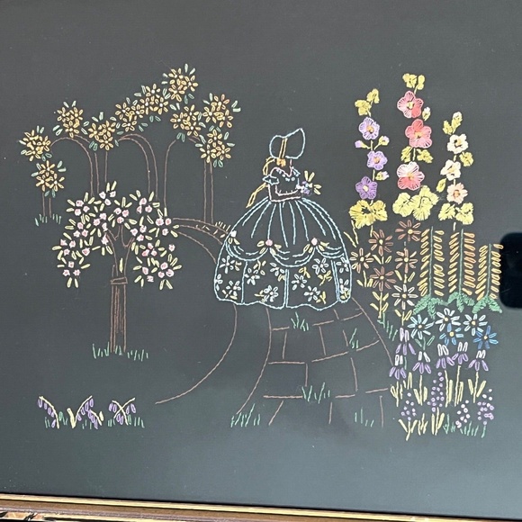 Handmade Embroidered Southern Belle Garden Flowers Framed Art on Black Vintage - Picture 2 of 6